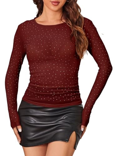 SEBOWEL Top de manga larga transparente para mujer, con purpurina, para fiesta, borgoña, XL