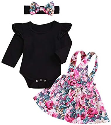 3PCs Newborn Infant Baby Girl Long Sleeves Romper Floral Skirt Pants Headband Set (3-6 Months, Floral Skirt-Black)