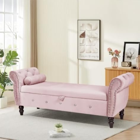 63.4 in. Velvet Bedroom Sofa Bench Couch with Solid Wood Legs Storage Ottoman Bench with Armrest Chaise Lounge for Living Room Bedroom Office (Pink)-image-26
