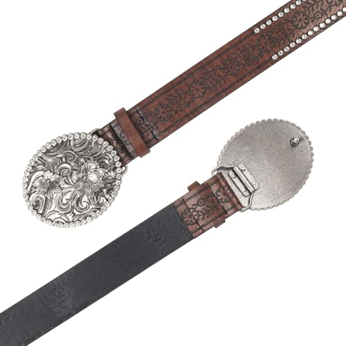 UTOWO Womens-Western-Belt Rhinestone-Cowgirl-Cowboy Belt - Embossed Flower PU-Leather Belt with Diamond Buckle(for 28-38")4