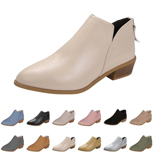 Image of Women's Faux Suede Leather Ankle Boots UK 6 Pointed Toe Chunky Stacked Low Heel Booties Short Booties with Back Zipper Chelsea Boots Winter Fall Ankle Booties Dress Western Shoes A/Beige