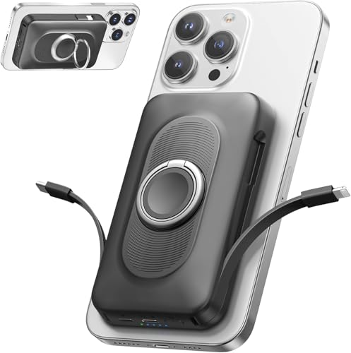 Mag-safe Power Bank 20000mAh 22.5W magnetic power bank Fast Charging, 4-in-1 Wireless PowerBank with USB-C/IOS cable, Portable Charger Battery Pack with Stand for iPhone 16-12/Mini/Pro/Pro Max Black