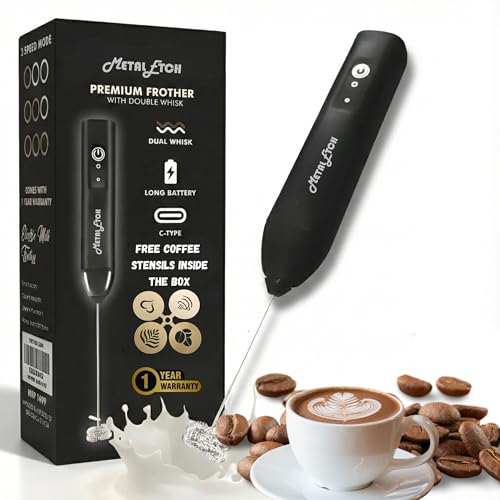 Image of Coffee Frother Electric Rechargeable Coffee Maker Machine | Free Coffee Stencils | Electric Coffee Frother Machine & Milk Whisker with Double Whisk Coffee Blender | 1 Year Warranty |