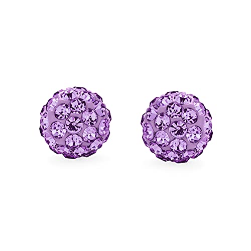 Round Simple Basic Light Purple Lavender Pave Crystal Disco Ball Stud Earrings Women For Teen .925 Sterling Silver 8Mm #TOP1