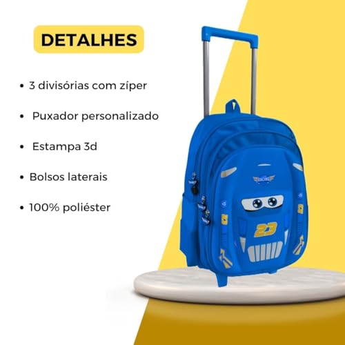Kit Mochila Rodinha Carros 3d Lancheira Estojo Corrida (Azul)