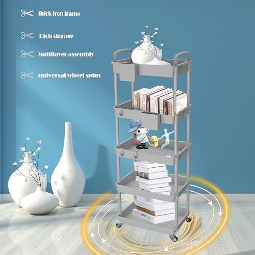 Image of 5 Tier Rolling Utility Cart with Handle,REBECAT Utility Cart Made of Multifunctional Storage Organizer Tool for Kitchen,Bathroom,Living Room,Office(Gray)