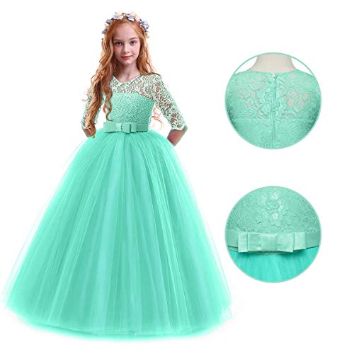 Flower Girl Long Sleeve Katie Lace Tutu Fairy Princess Pageant Dresses Kids Formal Prom Ball Gown for 6-14 Years Turquoise Green 5-6 Years - Thumbnail 7