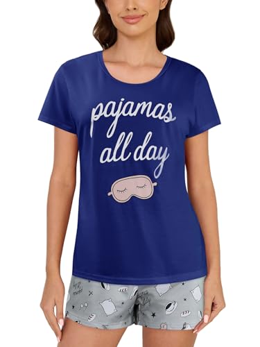 Image of VENTELAN Pajama Set For Women Cute PJS Summer Short Sleeve Shorts Sleepwear