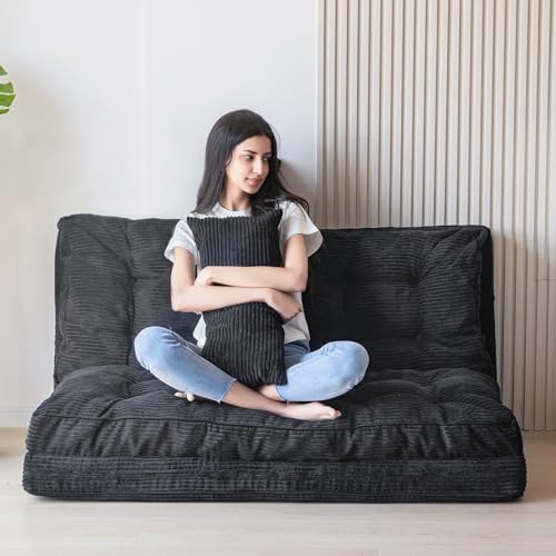 Image of MAXYOYO Folding Sofa Bed, Tufted Bean Bag Bed with Pillows Floor Couch for Adults, Extra Thick and Long Floor Sofa, Twin Couch for Bedroom Living Room, Black, 39x91 Inch