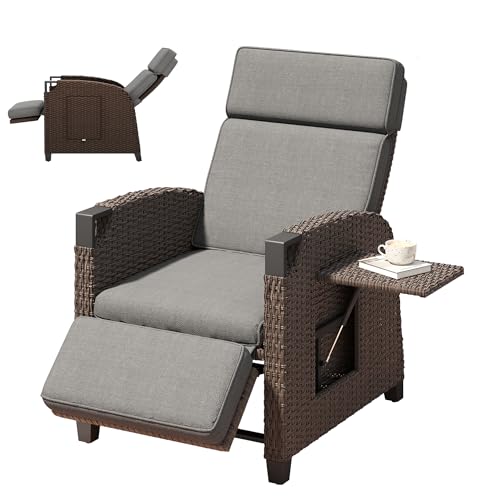Amopatio Relaxliege Liegesessel, Rattan Sonnenliege mit Verstellbar Rückenlehne und Klapptisch, Outdoor Gartensessel wetterfestes, für Terrasse, Garten, Balkon – Grau Sitzkissen & Dunkelbraun Rattan