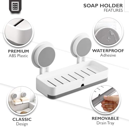 Image of SVH Self-Adhesive Soap Holder for Bathroom | Wall Mounted Soap Dish with Removable Drain Tray | Waterproof No-Drill Soap Stand for Bathroom, Kitchen & Wash Basin, Soap Organizer