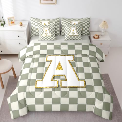 Image of Erosebridal Sage Green Checkered Full Comforter Set with Sheets 7 Piece Plaid Initial A Bed in A Bag Personalized Monogram Bedding Sets for Kids Adults,Fashion Grids Gingham Bed Set