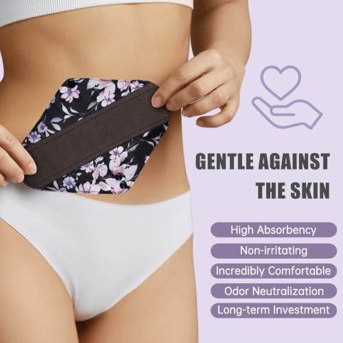 Image of wegreeco Reusable Menstrual Pads, Incontinence Sanitary Period Cloth Pads for Women, Reusable Washable Feminine Panty Liners Heavy Flow, Charcoal, 5 Pack, 1 Cloth Wet Bag (Small, Watercolor Flower)