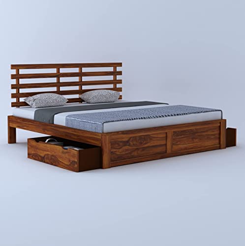 Image of Ganpati Arts Solid Sheesham Wood King Size Bed with 2 Drawers Storage for Bedroom Solid Wooden Double Bed Furniture for Home Hotel - (Honey Finish) 1 Year Warranty