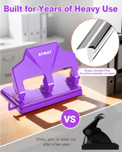 Image of AFMAT 3 Hole Punch Heavy Duty, 40-Sheet Three Hole Punch, 50% Reduced Effort, 3 Hole Puncher for Binder w /Large Chip Tray, 9 /32 inch Holes Diameter, Metal Paper Puncher for Home /Office /School,HP14(Purple)