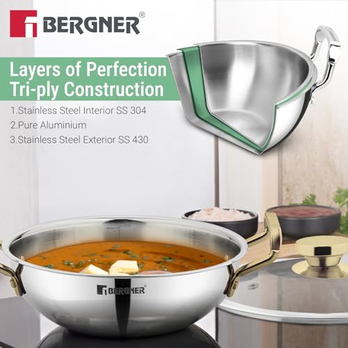 Image of Bergner TriPro Triply Stainless Steel Induction Bottom 7 Pcs Cookware Set with PVD Coated Golden Handles, Kadai 22cm /2L with Glass Lid, Frypan 22cm, Saucepan 14cm /1.2L, Turner, Ladle, Serving Spoon