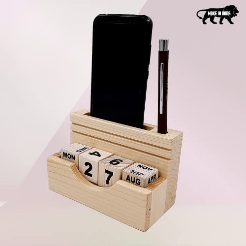 Image of Pen Stand with Calendar for Office Table, Pen Stand with 100 Years Calendar, Stylish Unique Pen Stand with Wooden Calendar, Wooden Desk Calendar to Lifetime Infinite Perpetual Calendar 2023 (WH-97)