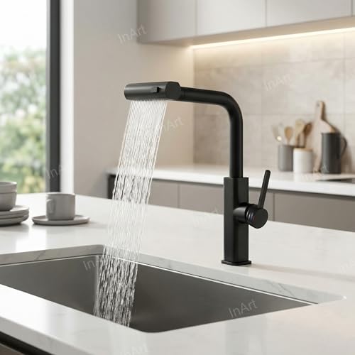 Image of InArt 360 Rotatable Brass Kitchen Faucet, Pull Out Kitchen Faucet with Waterfall Design (Black Matt)