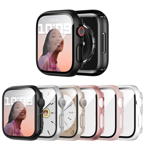 JERXUN 6 Pack Case with Tempered Glass Screen Protector for Apple Watch Series 9/8/7 41mm, Ultra-Thin Scratch Resistant Full Protective Hard PC Bumper Cover for iWatch 41mm Accessories