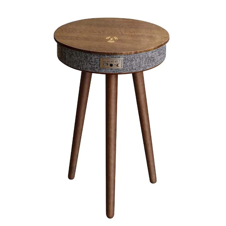 AWD Modern Smart Table with Built in 360° Bluetooth Speaker & Wireless QI Charger with Modern LED sensor light, 60H x 39W cm corner coffee table. (Brown)