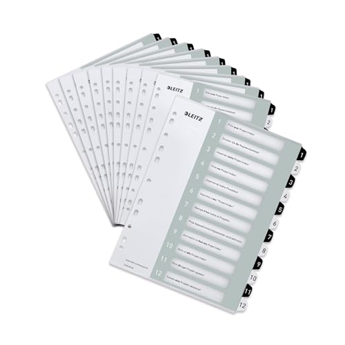 Leitz Register für A4, 10er Pack, PC-beschriftbares Deckblatt und 12 Trennblätter, Taben mit Zahlenaufdruck 1-12, Überbreite, Weiß/Schwarz, Polypropylen, WOW, 12160000