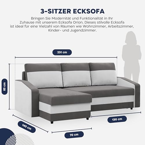 Mebligo - Kutna garnitura sa funkcijom spavanja i kutijom Orion, kutna garnitura univerzalna stranica, trosjed L oblik (Š x D x V) 231 x 140 x 85 cm, kauč dnevni boravak, kutna garnitura, siva + crna (micro 27 + micro 15)
