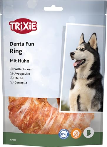 TRIXIE Hundeleckerli Denta Fun Chicken Chewing Ring Hundesnack - Snack zur Unterstützung der Zahnpflege, herzhaftes Leckerli mit Fleisch 110 g ø 10 cm - 31328