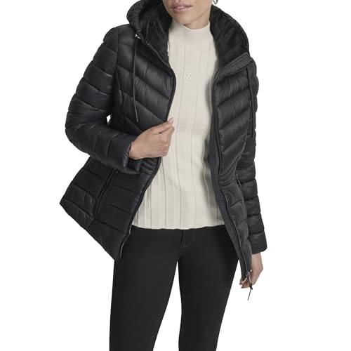 DKNY Women's Short Lightweight Puffer Jacket with Faux Fur Lined Collar – Insulated Cozy Outerwear, Black, XL by DKNY - Used condition - US$76.94