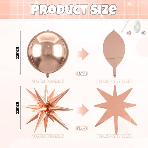 Image of 6pcs 22 inch Rose Gold Star Balloons and Rose Gold 4D Large Foil Balloons, Foil Star Balloon 4D Aluminum Balloon For Birthday Baby Shower Party Wedding Anniversary Bridal Shower Engagement Decoration