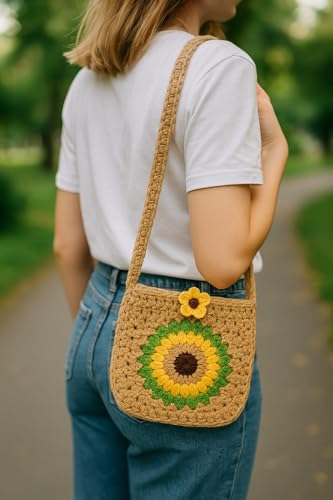Image of Handmade Crochet Sunflower Crossbody Bag, 15 cm x 17 cm, Beige with Yellow Flower Design
