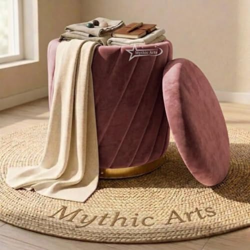 Image of Mythic ArtsRound Upholstered Sitting Stool & Footrest Velvet Storage Ottoman Pouffe16 X 16X 19 inch | Versatile Puffy for Living Room, Bedroom, and Office ? Chic Home Furnishings & Dcor Pink