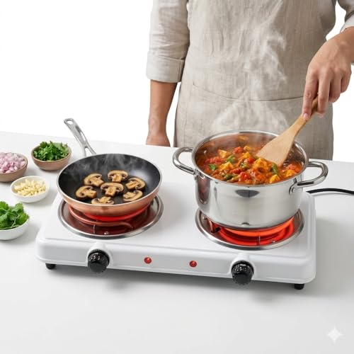 Image of Drumstone (Kitchen Essentials 5 Year Warranty) Electric Double Burner Hot Plate 2000W, Portable Dual Cooking Stove with Adjustable Temperature Control, Compact Cooktop for Home, Hostel & Travel Use