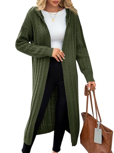 Fisoew Cardigan long à capuche pour femme - Manches longues - Manteau en tricot - Ouvert sur le devant, Vert armée., M