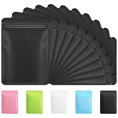 Funfery 100 Pack Black Mylar Packaging Bags Resealable Bags Double Sided Color Odor Proof Pouch Baggies Smell Proof Foil Bag for Food Storage,Small Business(Black,2.4x3.9inch)
