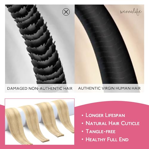Image of WENNALIFE Tape in Hair Extensions Human Hair Light Blonde Highlighted Golden Blonde Tape in Extensions, 10pcs 20g 12 inch Remy Invisible Tape Ins Straight Soft Real Human Hair Tape in Extensions