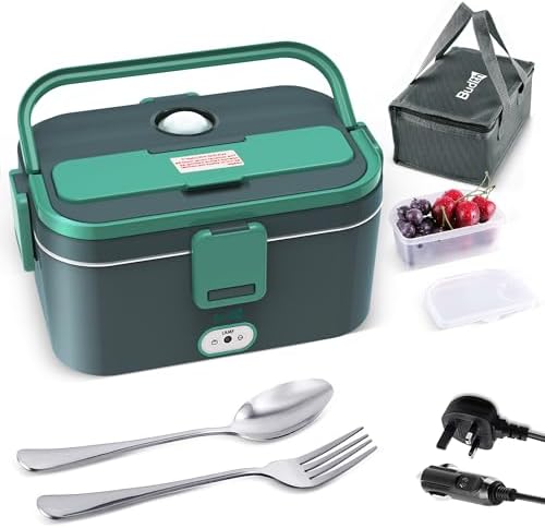 80W Electric Lunch Box, Portable Food Warmer for Car Truck Office, 12V 24V 220V Adapter, Leak Proof, 304 Stainless Steel Container, SS Fork & Spoon and Carry Bag (GrayGreen)