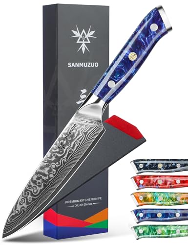 SANMUZUO Cuchillo Universal de Damasco, Cuchillo Cocina 13CM Profesional para Cortar Verdura, Fruta, Carne - serie Xuan - Acero de Damasco con Mango de Resina(Azul Zafir)