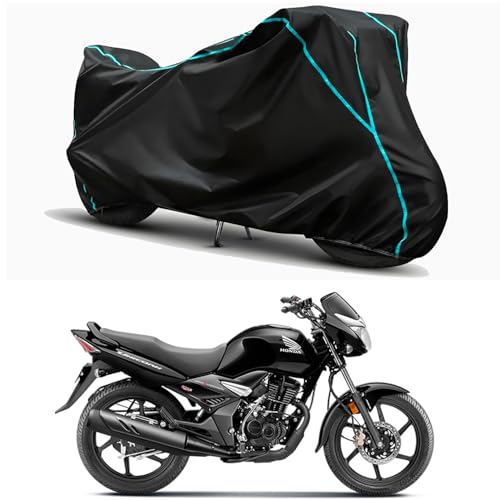 Image of Waterproof Bike Body Cover Compatible for | Honda Unicorn BS6 | Taffeta Fabric, Sky Piping Design, Bottom Elastic Fit | Dustproof, Sun UV & Rain Protection for All Weather.