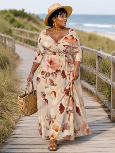 Image of SUZONANA Plus Size Maxi Dresses for Curcy Women Casual Loose 3 /4 Sleeve Long Dress with Belt