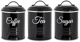 INNOTECK Essentials Tea, Coffee, Sugar, Canister Set - Decorative Kitchen Food Storage - Easy to Open Airtight Lids - Storage Tin for Your Favorite Tea, Sugar, and Coffee - Set of 3 Canisters Black
