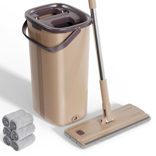 Masthome Mop and Bucket Set-Hands Free Squeeze Flat Mop with 6 Reusable Microfibre Pads-360° Rotating Head-Adjustable Stainless Steel Handle-Hardwood Laminate Tile Floor Cleaning System