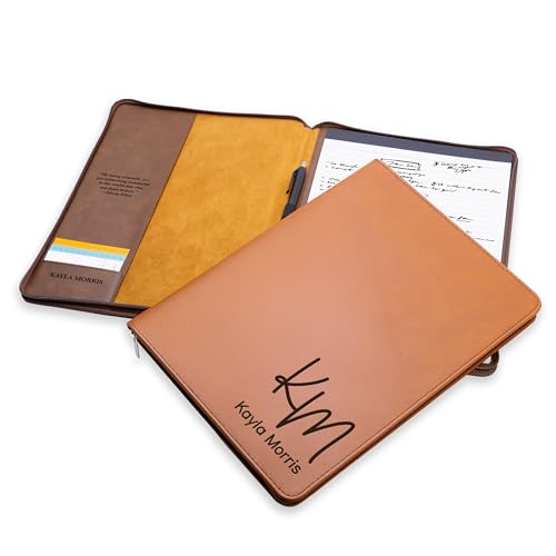 an open padfolio with a notepad and pen loop in a neutral color