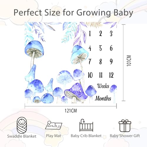 Image of Mushroom Theme Baby Monthly Milestone Blanket, Soft Flannel Watercolor Spring Tropical Eucalyptus Leaves Botanical Photography Prop Newborn Baby Shower Age Growth Tracker (Blue, 48x40in)