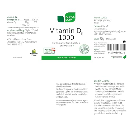 NICApur Vitamin D3 1000 I die Basisversorgung an Vitamin D3 für jeden Tag I Reinsubstanz ohne Zusatzstoffe I 120 Kapseln 10343