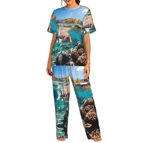 Pijama de mujer transpirable con estampado de peces oceánicos y pantalón elástico