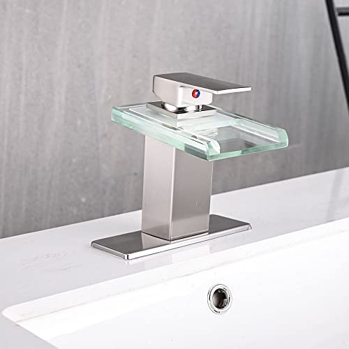 Image of AVSIILE LED Bathroom Sink Faucet, Brushed Nickel Waterfall Open Glass Spout