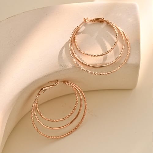 Triple Hoop Earrings for Women Champagne Gold Plated Hoops Smooth and Textured Wire Earring Lightweight Hypoallergenic Jewelry Gifts 6