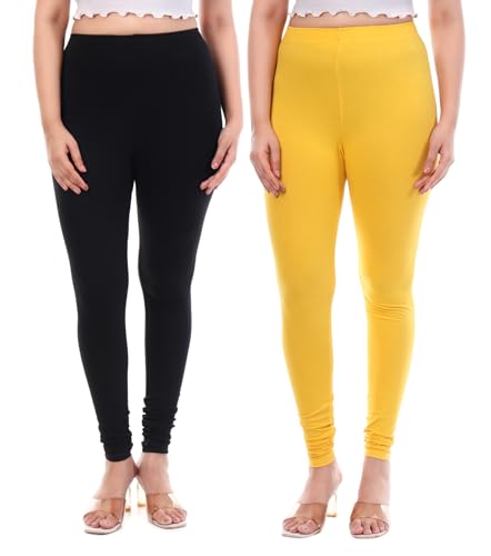 Image of TPF Women Solid Cotton Lycra 4 Way Stretchable Leggings | Combo Pack of 2 Comfortable Churidar-Length Slim Fit Leggings for Women & Girls