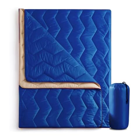 UNIKOME Outdoor Packable Camping Blanket, Lightweight Travel Blanket Waterproof Warm Camping Blanket for Hiking, Camping, Puffy Down Alternative Camping Blanket with Corner Loops, 75"×52", Blue Cover
