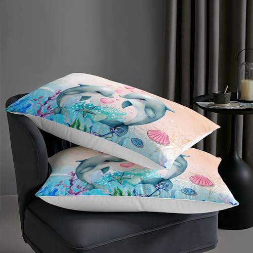 Image of AILONEN Dolphin Comforter Set Twin Size, Kawaii Jumping Dolphin Bedding Set for Kids Girls,Ocean Theme Bed in a Bag Duvet Set,3 Pieces,1 Quilt and 2 Pillowcases,Soft Microfiber